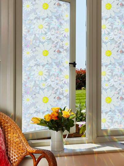  1卷3D彩虹雏菊静电窗膜，无需胶水，可移除装饰窗贴，保护隐私，防紫外线，适用于家居浴室卧室玻璃窗装饰