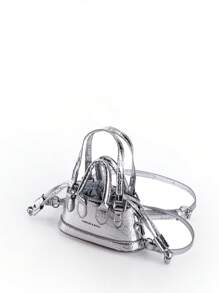 Mini Shiny Silver Crocodile Embossed PU Drawstring Closure Women Shoulder Bag With Adjustable Long Strap, Y2K Style Ladies Coin Purse Clutch For Party, Gathering, Daily Outfit - Bright silver - View 3