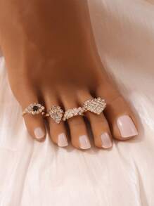 Set de 4 anillos de dedo del pie de mujer con diseños personalizados de corazón y geométricos con rhinestones brillantes, juego de joyas como regalo