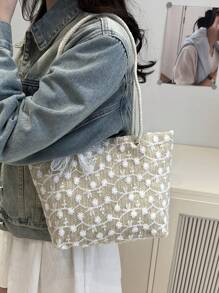 Large Capacity Rattan Lace Woven Vacation Beach Bag, Women 2025 New Fashion Shoulder/Underarm/Casual Handbag - Khaki - View 4