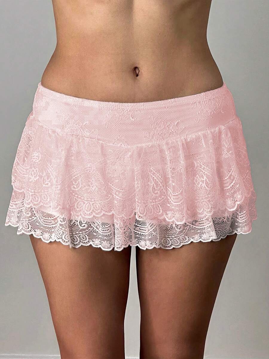 Women Y2K Lace Mini Skirt Summer Casual Going Out Skirt Cute Solid Color Low Waist Lace Ruffled Skirt With Lined Shorts Beach Vacation Skirt - 粉色 - 查看 1