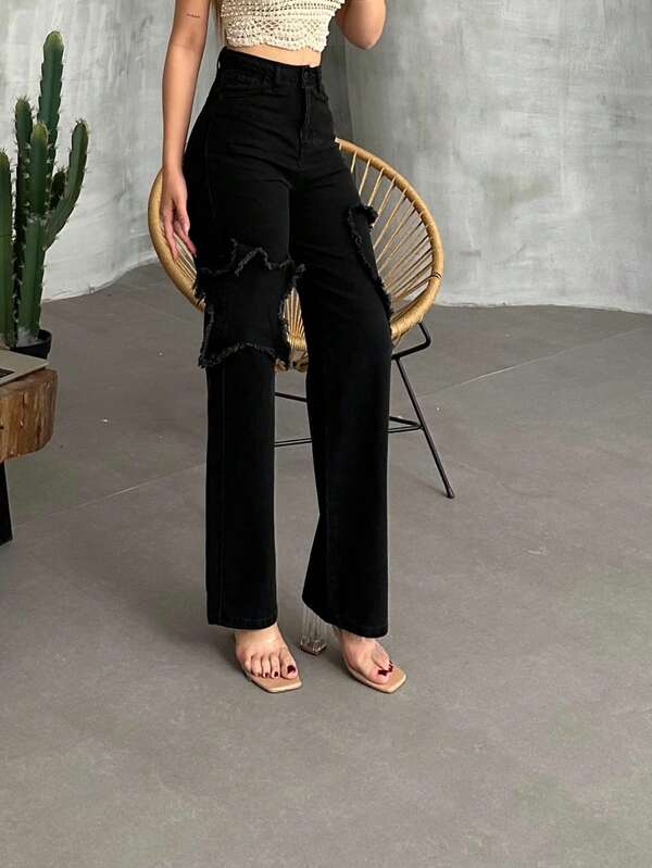 Jeans de tiro alto con flecos en forma de estrella, jeans de mezclilla largos, casuales y para uso diario, ideales para usar en conciertos