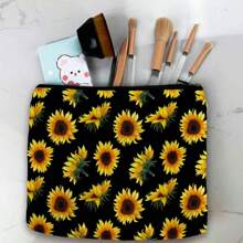 1 pieza Bolsa de maquillaje con estampado de girasol, estuche de cosméticos con flores rojas, blancas y azules, adecuado como regalo de festival
