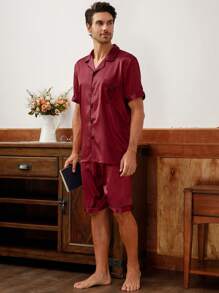 Men's Embroidered Heart Lapel Collar Top And Shorts Pajama Set