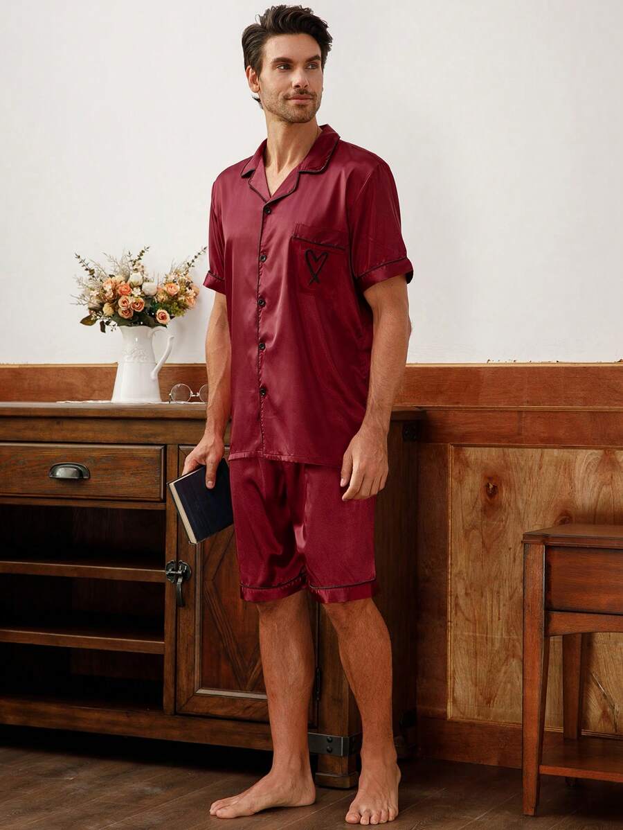 Men's Embroidered Heart Lapel Collar Top And Shorts Pajama Set