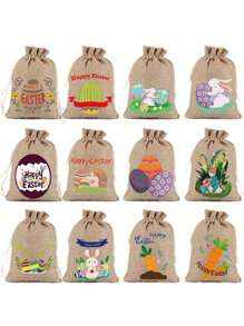 12 件复活节礼品包装袋，兔子和鸡蛋装饰抽绳礼品袋 - 彩色 - 查看 9