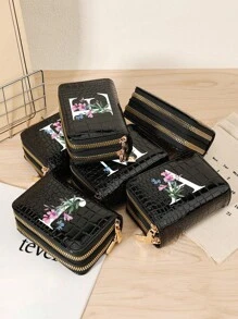 Stylish Crocodile & Stone Texture Women's Compact Card Holder With Multi-Functional Card Storage, Double Zipper Coin Compartment, And ID Window - Customizable A-Z Letter Print With Green Leaves And Pink Flowers Pattern