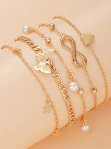 1Set Pearl Beach Anklet Five-Pointed Star Butterfly Pendant Lucky 8-Word Multi-Layer Anklet Set - Gold - View 5