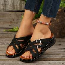 Vacation-Ready Wedge Sandals For Women - Adjustable Cross-Strap And Thick Sole - Black - View 4