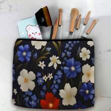 1 pieza Bolsa de maquillaje con estampado de girasol, estuche de cosméticos con flores rojas, blancas y azules, adecuado como regalo de festival