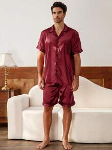 Men's Embroidered Heart Lapel Collar Top And Shorts Pajama Set