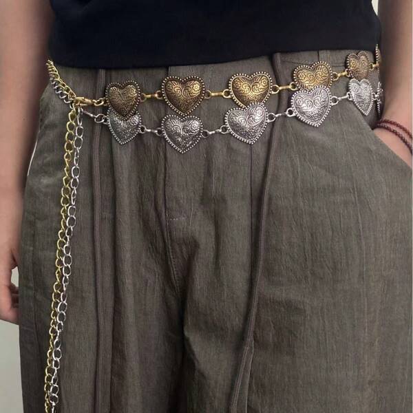 Vintage Carved Floral Pattern Distressed Gold Heart-Shaped Metal Tassel Waist Chain, Suitable For Weddings, Daily Wear, Parties And Dates, Spring/ Summer/Autumn/Winter Summer