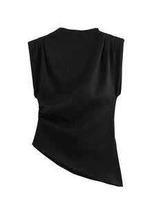 HH 女士优雅纯色垫肩无袖背心，OL休闲褶皱不对称拉链修身T恤 - 黑色 - 查看 4