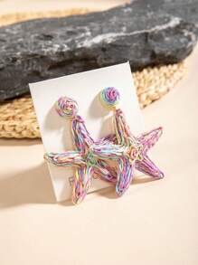 1 Pair Bohemian Style Alloy Rattan Woven Earrings With Butterfly, Starfish & Floral Geometric Pattern, Versatile Design For Beach Party Gift, Summer (Earring Post Color Random)