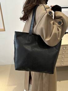 Fashionable Versatile Solid Color New PU Leather Shoulder Tote Bag, Casual Minimalist Vintage College Style Large Handbag For Women