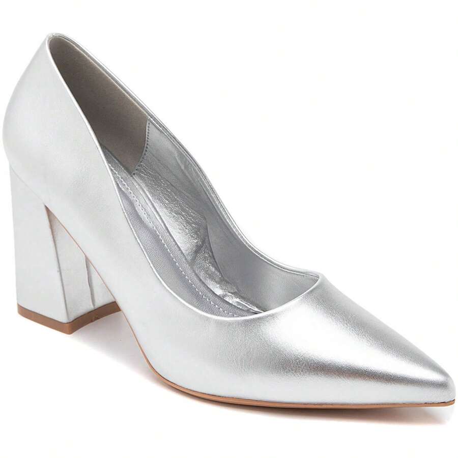 Women's Pointed Toe, Square Heel Pumps - Silver - View 1