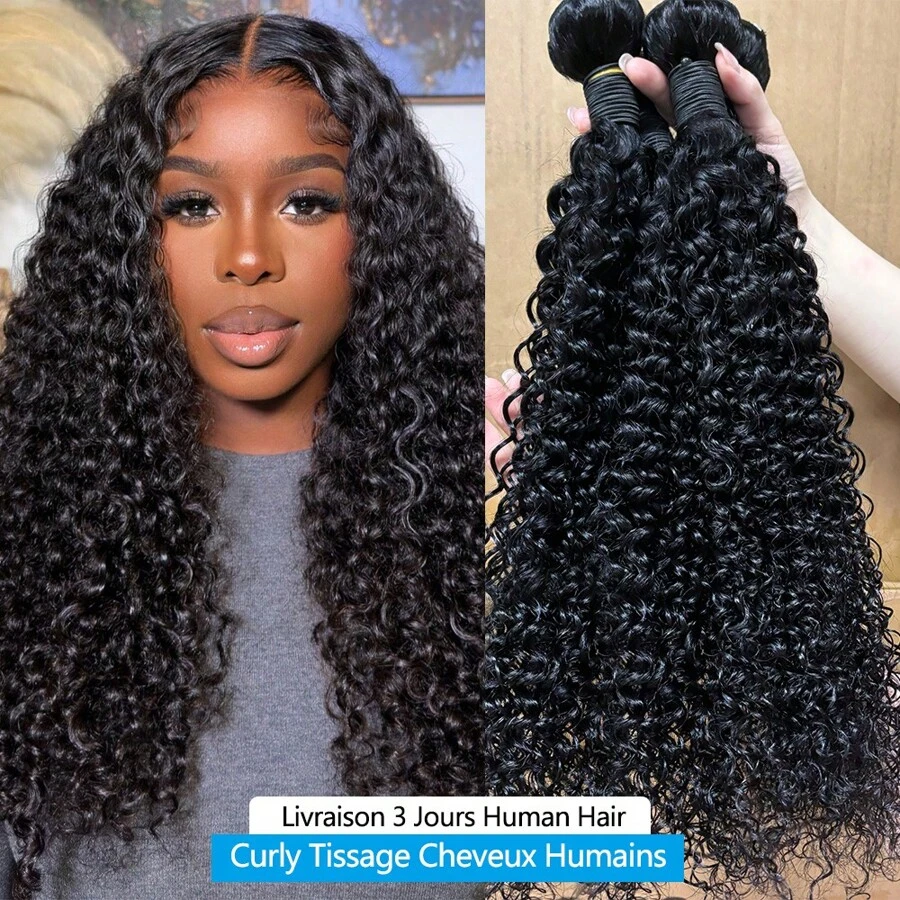 24 24 24 Inch Curly Bundles Human Hair 12A Kinky Curly Bundles100% Raw Hair Bundles Human Hair Brazilian Weave Curly Hair Bundles 3 Days Delivery France 1/3/4 PCS Human Hair Bundles For Women - màu đen - Xem 1