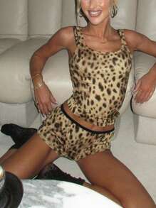 Leopard Print Camisole & Slim Fit Low Waist Gym Shorts 2PCS Set, Versatile - Leopard - View 1