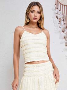 Eilly Bazar Summer Resort Style Women's Adjustable Spaghetti Strap Lace Patchwork Textured Sexy Crop Top - Beige - View 1