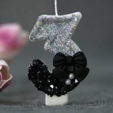1 Pc Girl Style Black Collar Bow Pearl Theme Glitter Creative Number 0-9 Candles For Birthday Party Cake Decoration Atmospheric Feeling Birthday Baking Plug-In Decoration Suitable For Girls, Goddess,Princess Female Party Birthday Wedding Anniversary Celebration Supplies Gifts Graduation