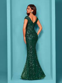 BluePlum Đầm dài mùa hè cao cấp chất lượng, chất liệu co giãn, đính sequin, cổ chữ V, tay ngắn, thiết kế đuôi cá, màu trơn, thanh lịch và sang trọng dành cho nữ, giúp phái nữ trẻ trung và quyến rũ hơn, phù hợp cho nhiều bữa tiệc, lễ tốt nghiệp, đám cưới, sự kiện và các buổi tiệc khiêu vũ, đầm dạ hội trang trọng dành cho nữ (phiên bản cao cấp), đầm dự tiệc, đầm dự đám cưới, đầm dạ hội mùa xuân. - Màu xanh lá cây đậm - Xem 3