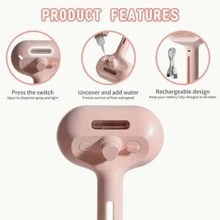 喷雾猫刷（用于脱毛）、二合一自清洁猫鬃毛刷（带水箱，用于去除底毛）和美容喷雾猫按摩刷