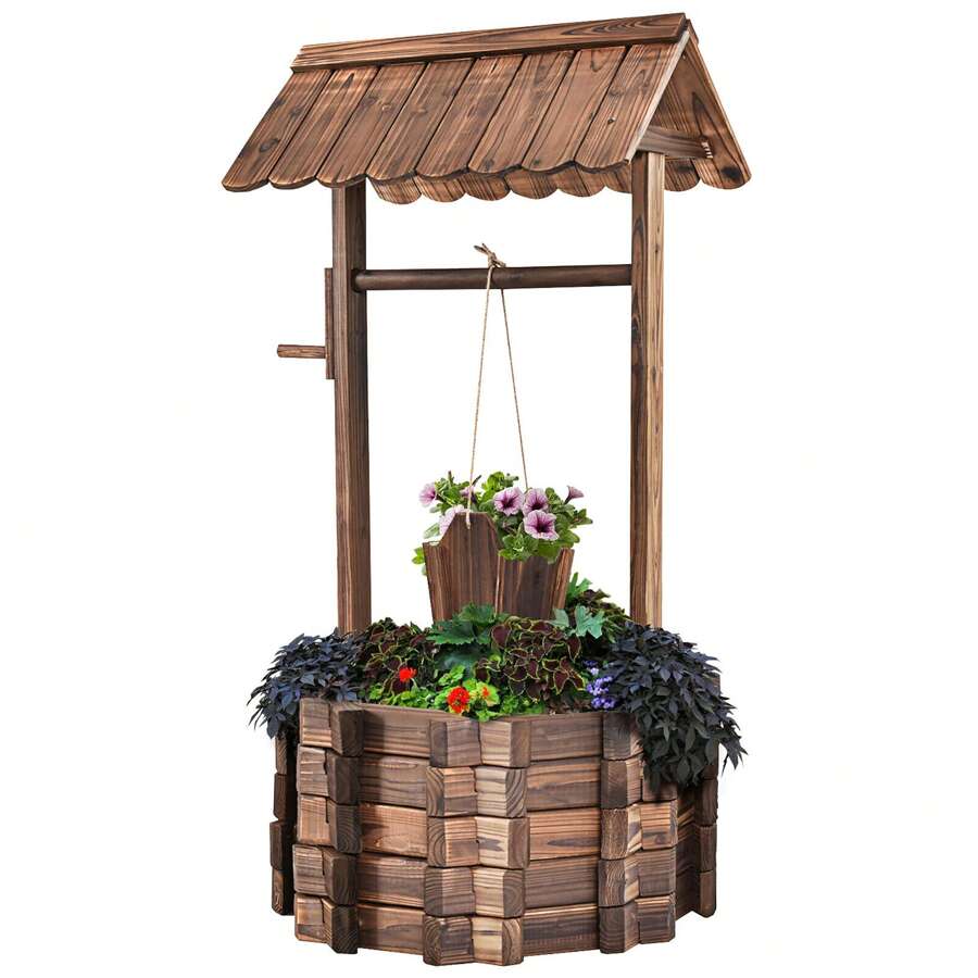Lifezeal Outdoor Wooden Wishing Well Bucket Flower Plants Planter Patio Garden Home Decor - 原木色 - 查看 1