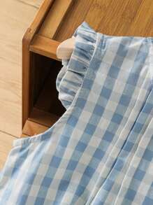 女士甜美可爱荷叶边短袖格子宽松复古波西米亚风衬衫，春夏款 - 藍色 - 查看 9