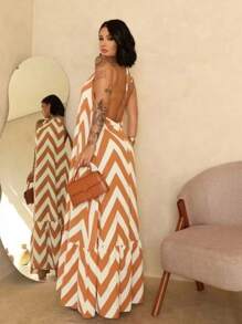 Women's Halter Backless Dress With Padded Cup H-6 - Khaki - View 2