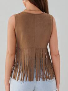 Women's Tassel Sleeveless Vest 70s Hippie Faux Suede Fringe Jacket Cardigan - Camel - View 7