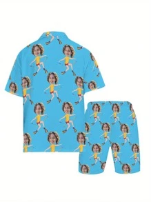 Conjunto de pijama personalizado para hombres, nueva temporada de primavera, con camisa de cuello de botón y pantalón corto, juego de ropa de dormir con estampado personalizado, cómodo y casual, 2 piezas, ropa de estar en casa