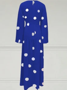 Women's Elegant Solid Color Bell Sleeve Dress, Spring/Summer,Modest - Blue and White - View 2