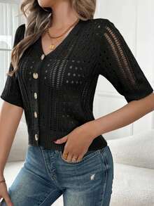 Casual Solid Color Hollow-Out Knit Short Sleeve Cardigan - Black - View 3