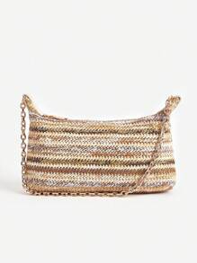 New Fashion Thin Chain Boho Braided Baguette Shoulder Bag, Suitable For Casual Daily, Vacation, Outdoor Shopping Outfit Matching