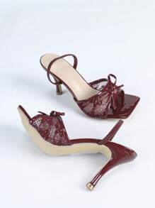 Women's Burgundy Square Toe Stiletto High Heel Sandals, Fashion Versatile Sexy Party Dress Shoes, Leg Lengthening - Burgundy - View 5