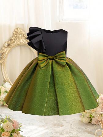 EHOMKIDS Young Girl Contrast Color Patchwork Shiny Fabric Bow Decor Ruffle Hem Princess Party Dress, Christmas Dress