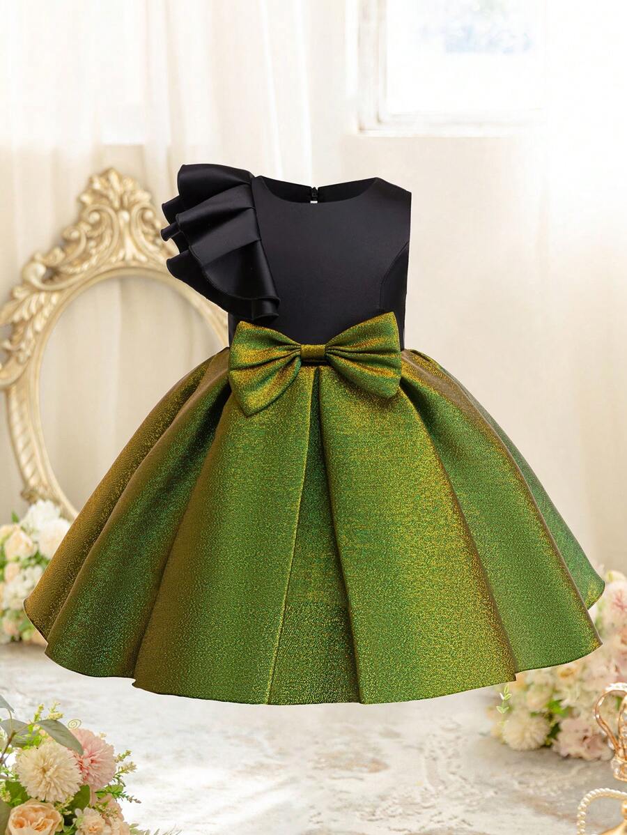 EHOMKIDS Girls' Ruffled Hem Sleeveless Princess Party Dress, Shiny Fabric, Toddler & Big Young Girl Color Block Knee-Length Dress - Green - View 1