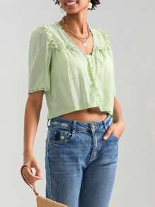 Women Short Sleeve Shirts Lace Ruffles Buttons Blouses Summer Loose Casual Tops - Green - View 4