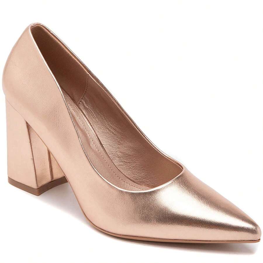 Women's Pointed Toe, Square Heel Pumps - Champagne - View 1