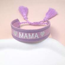 1pc Embroidered "MAMA" Heart Boho Tassel Braided Bracelet - Purple - View 3