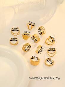 12pcs/Set Stainless Steel Gold-Tone Fashion Adjustable Rings With Pink Gift Box, Suitable For Women Decoration Or Gift - Yellow Gold - View 3