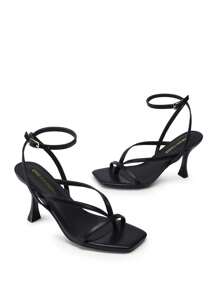 Women Kitten Heel Thong Sandals, Fashion Square Toe Ankle Strap High Heeled Sandals For Wedding Party Casual Wearing - 黑色 - 查看 7