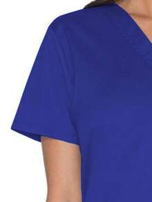 Camisa de uniforme de trabajo casual de manga corta con cuello en V, mate, para primavera - azul real - Ver 5