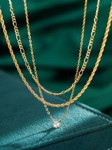 Tkool 3 件时尚 18K 镀金元素方形闪亮立方氧化锆吊坠项链套装，分层礼盒包装，适合日常佩戴和送礼