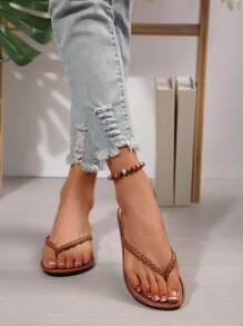Spring/Summer New Arrival Women Flat Toe Post Sandals, Round Toe Flat Casual Slippers For Indoor & Outdoor Wear - Brown - View 5