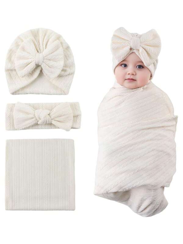 3pcs/Set 1-6 Months Infant Swaddle Blanket Newborn Baby Waffle Textured Jacquard Wrap Blanket With Bow Headband Hat Accessories, Spring & Autumn