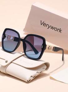 Verywork 1 件复古优雅的 Ins 风格新款永不过时的品牌设计女士时尚眼镜配有存储和擦拭布，适合户外活动露营街头快照装饰礼物的理想选择优雅的夏季海滩度假、户外、旅行装扮太阳镜寺庙装饰优雅风格超大方形框架 - 彩色 - 查看 4