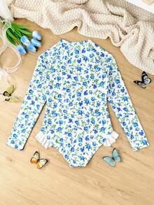 Girls' One-Piece Ditsy Floral Zippers Long Sleeve Quick Dry Swimsuit - Multicolor - View 3