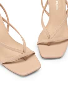 Women Kitten Heel Thong Sandals, Fashion Square Toe Ankle Strap High Heeled Sandals For Wedding Party Casual Wearing - khỏa thân - Xem 9