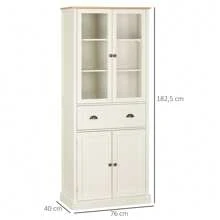 HOMCOM HOMCOM Alacena de Cocina Despensa Armario de Cocina con 2 Puertas de Vidrio 1 Cajón y Baldas Ajustables Aparador para Comedor Salón Antivuelco 76x40x182,5 cm Crema